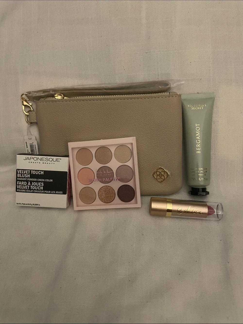 Kendra Scott Wristlet-Blush, Nicole Miller Palette, Lipstick, VS Hand Cream NWT